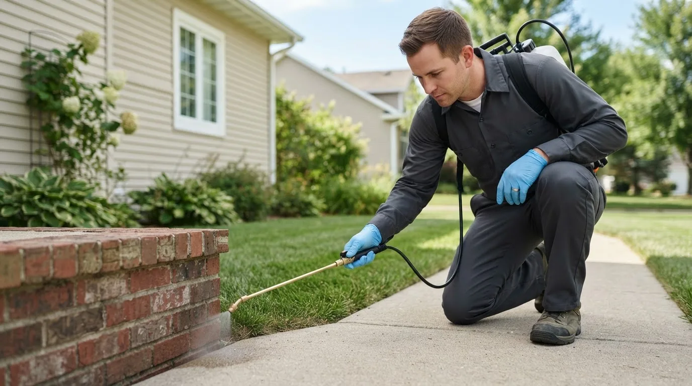 Pest control technician treating a home near Winchester, IN