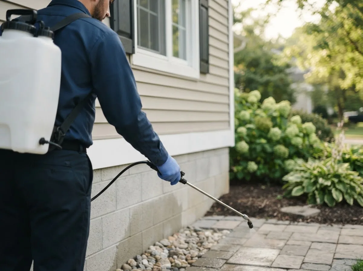 Pest control technician inspecting a home in Winchester, IN